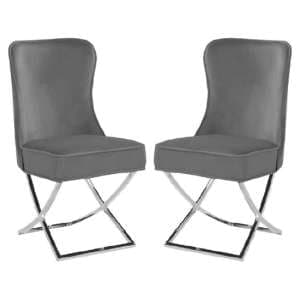 Fatin Dark Grey Velvet Dining Chairs With Chrome Legs In Pair