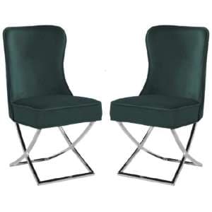 Fatin Green Velvet Dining Chairs With Chrome Legs In Pair
