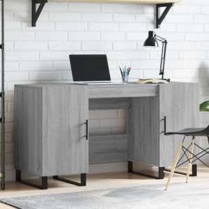 Fenland Wooden Laptop Desk With 2 Doors In Grey Sonoma - UK