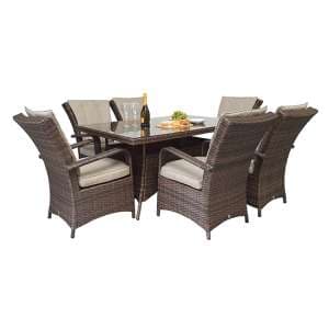 Fetsa Rectangular 150cm Dining Table With 6 Armchairs In Brown - UK