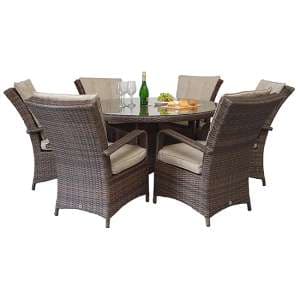Fetsa Round 135cm Dining Table With 6 Armchairs In Brown Weave - UK