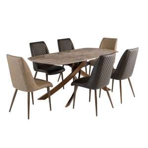 Fiora Brown Stone Dining Table With 6 Aalya Dark Brown Chairs - UK
