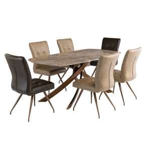 Fiora Brown Stone Dining Table With 6 Kalista Taupe Chairs - UK