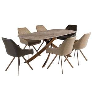 Fiora Brown Stone Dining Table With 6 Lanza Taupe Chairs - UK