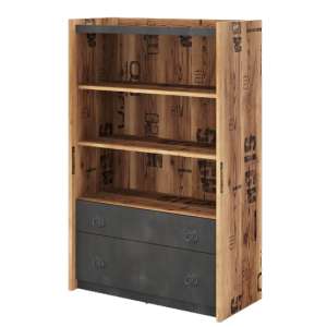 Flint Wooden Bookcase With 2 Shelves In Raw Steel Concrete Effect