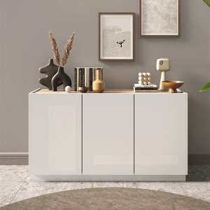 Flores High Gloss Sideboard With 3 Doors In White And Light Oak - UK