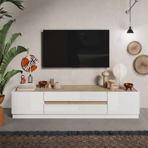 Flores High Gloss TV Stand 2 Doors 2 Drawers In White Light Oak - UK