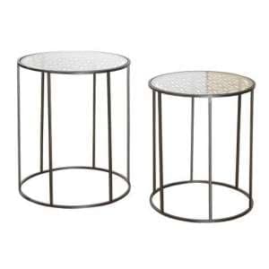 Flower Of Life Glass Top Set Of 2 Side Table With Metal Frame