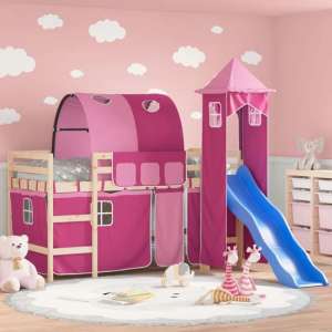 Forli Pinewood Kids Loft Bed In Natural With Pink Tower Tent - UK