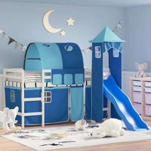 Forli Pinewood Kids Loft Bed In White With Blue Tower Tent - UK