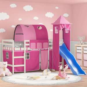 Forli Pinewood Kids Loft Bed In White With Pink Tower Tent - UK
