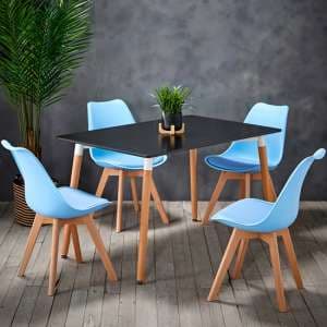 Frazer Wooden Dining Table In Black With 4 Livre Blue Chairs