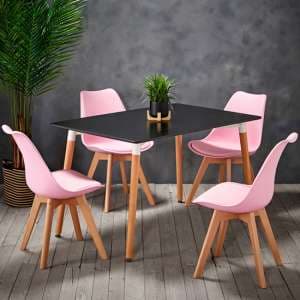 Frazer Wooden Dining Table In Black With 4 Livre Pink Chairs