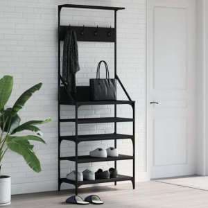 Fremont Wooden Clothes Rack With Shoe Storage In Black - UK