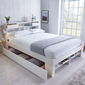 Frisco Wooden Double Bed With Shelves In White - UK