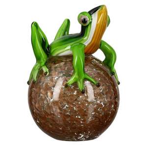 Frog On Ball Glass Design Sculpture In Green And Brown