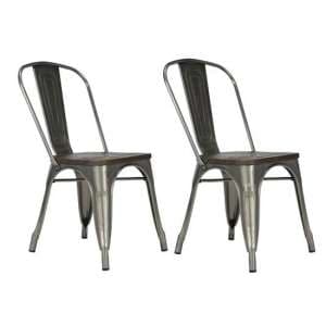 Fareham Antique Gun Metal Dining Chairs With Wood Seat In Pair