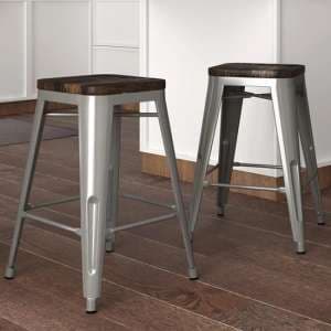 Fuzion Wooden Counter Stools With Silver Metal Frame In Pair - UK