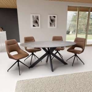 Gabri Brown Dining Table Oval With 6 Aara Tan Chairs - UK