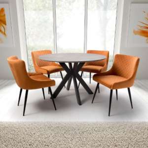 Gabri Brown Dining Table Round With 4 Malmo Orange Chairs - UK