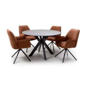 Gabri Brown Dining Table Round With 4 Utica Rust Boucle Chairs - UK
