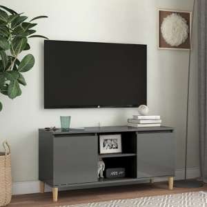 Gafna High Gloss TV Stand In Grey With Solid Wood Legs