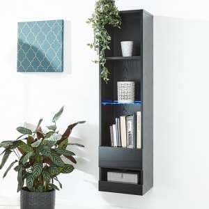 Goole LED Wall Mounted Tall Wooden Shelving Unit In Black Gloss - UK