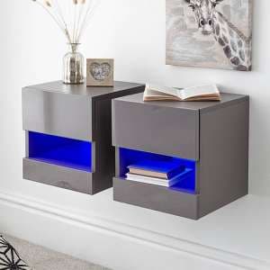 Garve LED Grey High Gloss Floating Bedside Cabinets In Pair - UK