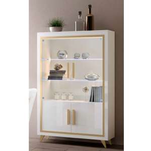Geneva Gloss Display Cabinet 2 Doors In White And Gold With LED