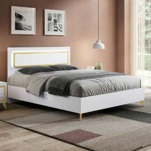 Geneva High Gloss King Size Bed In White And Gold With LED