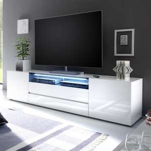 Genie Wide High Gloss TV Stand In White With LED Lighting