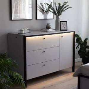 Genoa Wooden Sideboard With 1 Door 3 Drawers In Grey And LED - UK