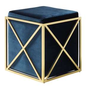 Geokin Velvet Accent Stool In Blue With Gold Frame