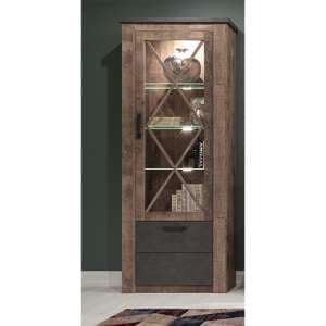 Gerald LED Tall Wooden Display Cabinet In Matera And Brown Oak - UK