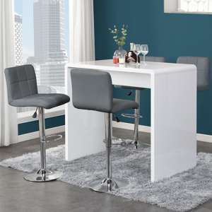 Glacier White High Gloss Bar Table With 4 Coco Grey Stools