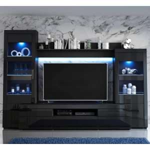 Glens High Gloss Wall Entertainment Unit In Black With LED - UK