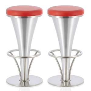 Greela Red Faux Leather Fixed Bar Height Bar Stools In Pair - UK