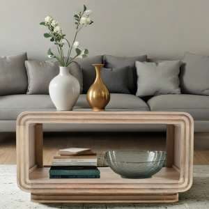 Hailey Carved Mango Wood Coffee Table In Natural Oak - UK