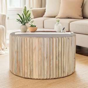 Hailey Carved Mango Wood Coffee Table Round In Natural Oak - UK