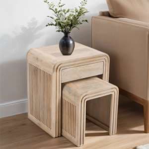 Hailey Carved Mango Wood Nest of 2 Tables In Natural Oak - UK