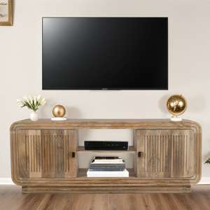 Hailey Carved Mango Wood TV Stand With 2 Doors In Natural Oak - UK