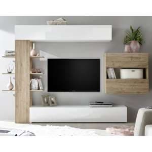 Halcyon Wall Entertainment Unit In White Gloss And Cadiz Oak