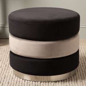 Halle Fabric Round Ottoman In Black And Grey With Chrome Base - UK