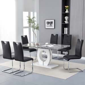 Halo Melange Marble Effect Dining Table 6 Petra Black Chairs - UK