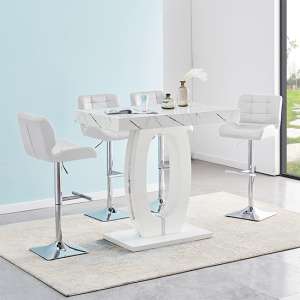 Halo Vida Marble Effect Bar Table With 4 Candid White Stools - UK