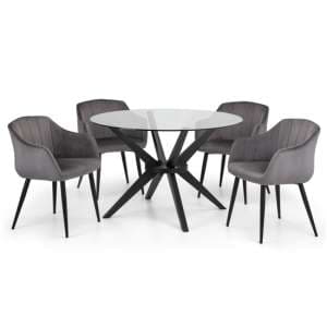 Halver Round Clear Glass Dining Table With 4 Hagar Grey Chairs