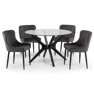 Halver Round Clear Glass Dining Table With 4 Lakia Grey Chairs
