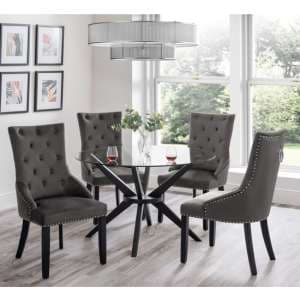 Halver Round Clear Glass Dining Table With 4 Valene Grey Chairs