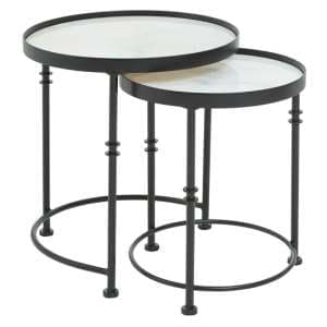 Hannah Round Marble Set Of 2 Side Tables With Black Frame - UK