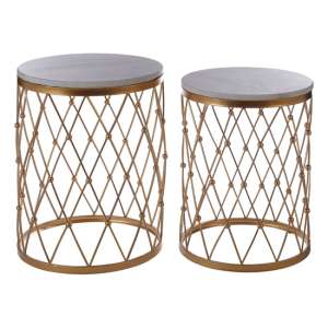 Hannah Round Marble Top Set Of 2 Side Tables With Gold Frame - UK